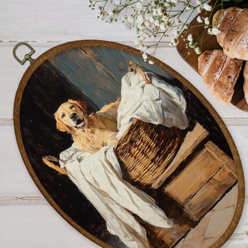 Vintage Golden Retriever Laundry Room Wall Art - 11.4x8.6 Oval Canvas