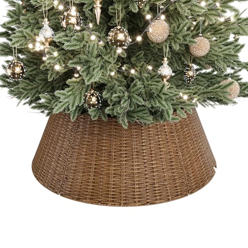 Wicker Christmas Tree Collar 28 Inch Woven Tree Base Cover Brown - Modern Holiday Decor