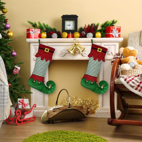 Christmas Stockings for Fireplace Green Gnome Boot Style E - Large Red & Green Velvet Decor