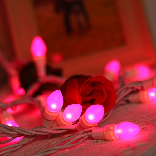 Solduce Pink Mini String Lights-50 Count 13 Feet Detachable LED Glass C3 Bulb Waterproof Fairy Lights Plug in for Indoor Outdoor Party Patio Xmas Tree Valentine’s Day White Wire