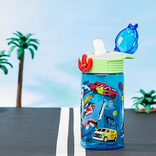 Zak Designs Hot Wheels Kids Water Bottle, 16oz Leak-Proof Straw Bottle
