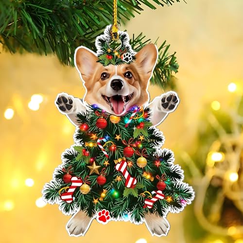 Corgi Christmas Tree Ornament Hand-Painted Wooden Dog Holiday Decor