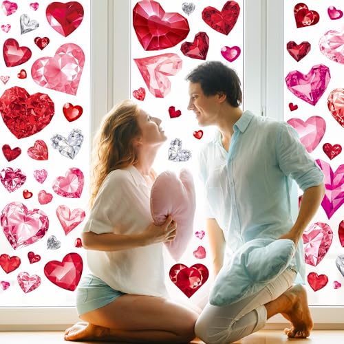 Valentine's Day Window Clings, 9 Sheets Double-Sided Diamond Heart Glass Stickers