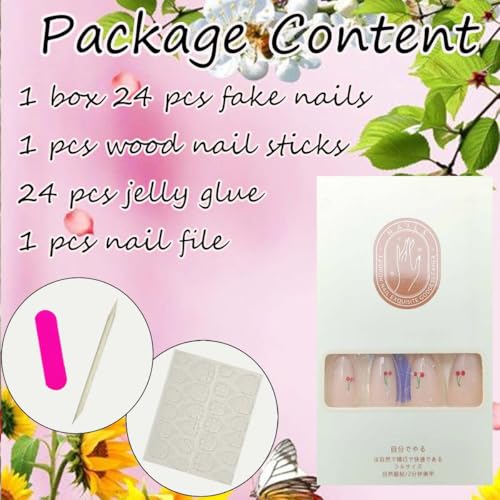 French Tip Press on Nails Medium Almond 3D Cherry False Nails