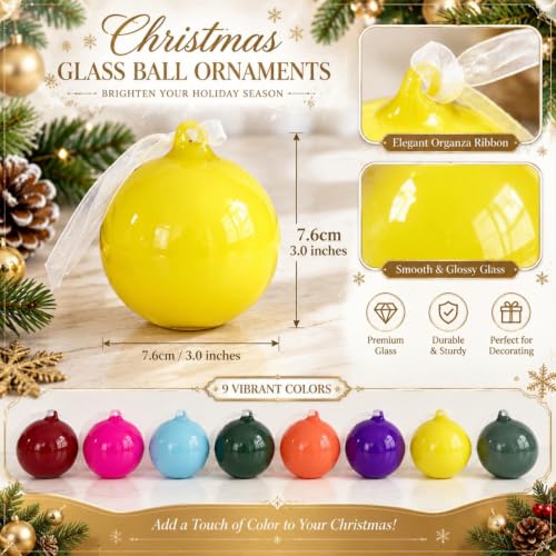 FoldTier 9pcs 3-Inch Colorful Glass Christmas Ornaments - Warm Color Variation