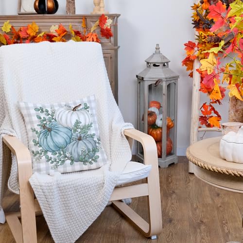 16x16 Inch Fall Pillow Cover - Buffalo Pumpkin & Eucalyptus Decor