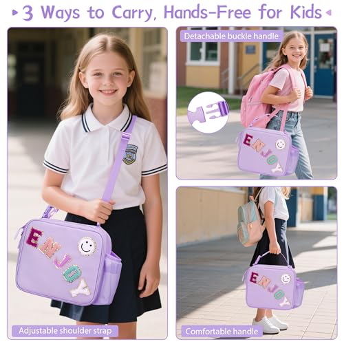 Kids Insulated Lunch Bag for Girls, Reusable Leak-Proof Cooler with Adjustable Strap