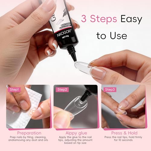 NKOGOR Press On Nail Glue and Remover Kit with Fast Air Dry Bond