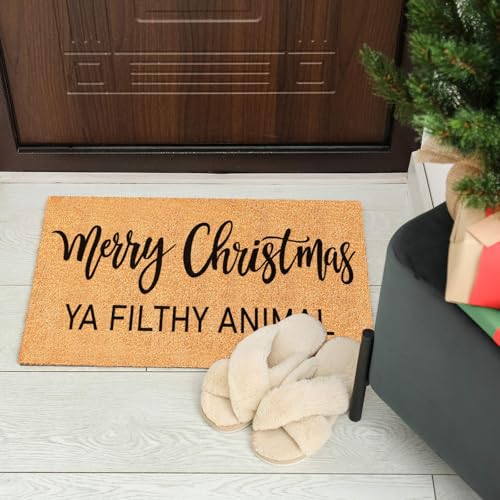 Christmas Doormat Natural Coir Welcome Rug with Funny 'Ya Filthy Animal' Quote 16.5 x 29 Inches