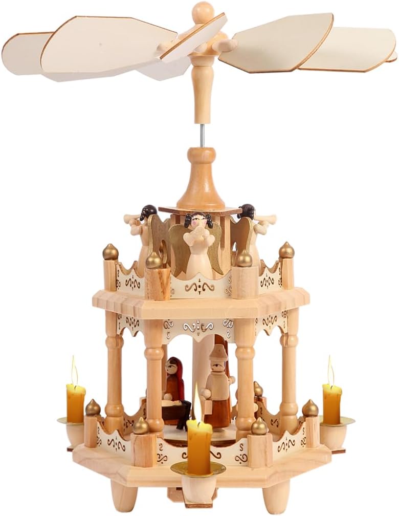 Rotating Christmas Pyramids - 12-Inch Wood Nativity Scene with 3 Candle Holders