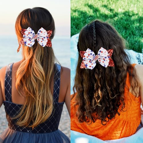 JOYRUBY 4th of July Sequin Hair Bow Clips - Red White & Blue Sparkly Cheer Barrettes for Girls