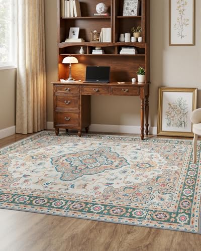MINIDEAR 2' x 3' Washable Vintage Floral Rug for Entryway & Kitchen, Non-Slip Khaki Small Rug