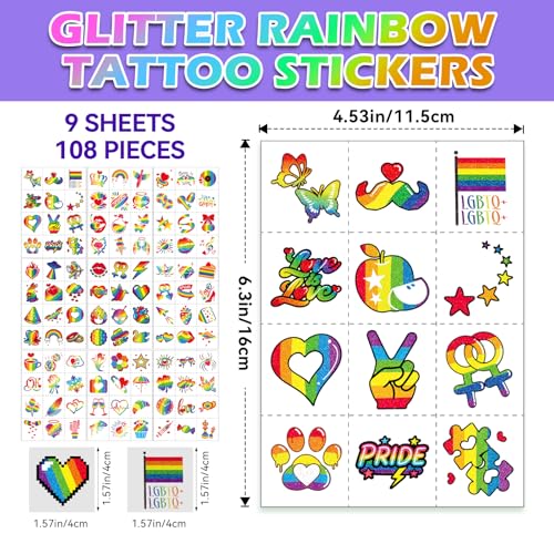 MCKTAT 108 Pcs Glitter Pride Temporary Tattoos Waterproof Body Art