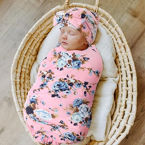 DRESHOW Newborn Floral Swaddle Blanket and Bow Hat Set - Classic Pink