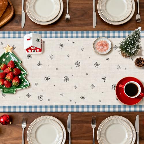 Christmas Table Runner 13x108 Inch Light Blue Buffalo Plaid Holiday Farmhouse Decor