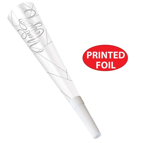 Beistle 100 Piece Happy New Year Party Supplies Favors NYE Noisemaker Horns, Made in USA Since 1900, 9", White/Silver