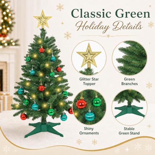 Green 3ft Artificial Christmas Tree with 9 Lighting Modes - Mini Tabletop Xmas Tree
