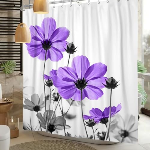 Violet Grey Floral Shower Curtain, 72x72 Inch, Vintage Botanical