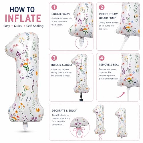 40-Inch Floral Number 1 Balloon for Baby Girl's 1st Birthday