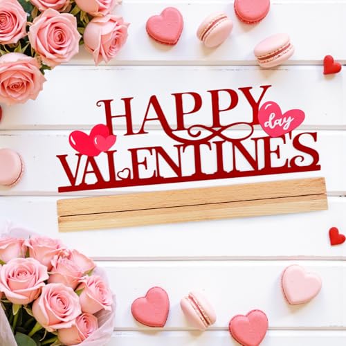 Happy Valentine's Day Metal Sign with Wooden Base - Romantic Decor