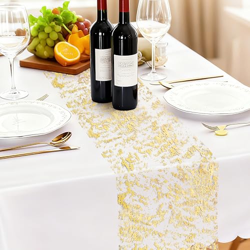 Gold Glitter Table Runner 11 Inch x 100 Feet - Metallic Foil Mesh Wedding Party Decor - Variation of Gold / 11 Inch x 100 Feet
