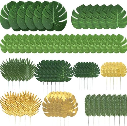 50pcs Artificial Palm Leaves Set, Green & Gold Tropical Jungle Decor
