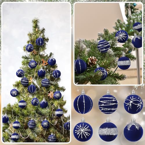24 Pcs Royal Blue Velvet Glitter Christmas Ornaments Shatterproof Balls