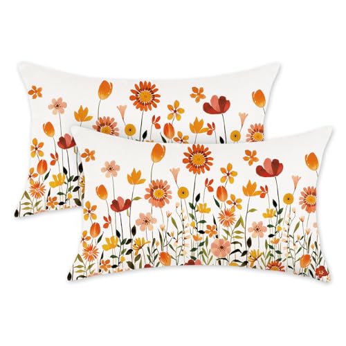 Fall Flowers Lumbar Throw Pillow Covers 12x20 Inch - Set of 2 Farmhouse