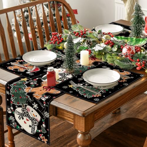 Black Snowman Tree Gingerbread Christmas Placemats Set of 4 - 12x18 Inch Seasonal Table Decor