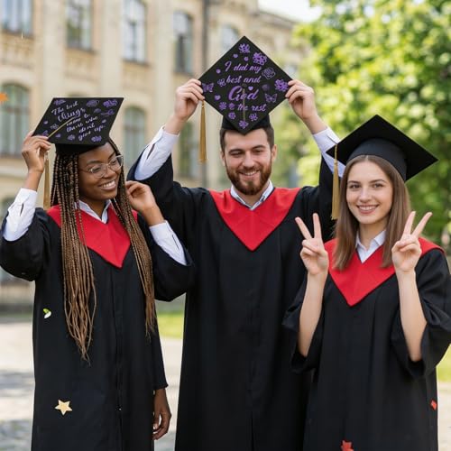 2026 Graduation Cap Decorations - 12 Pcs Purple Glitter Stickers & DIY Toppers