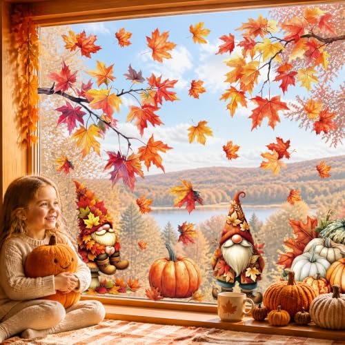 Fall Window Clings with Gnomes & Leaves - 9 Sheets Autumn Decor