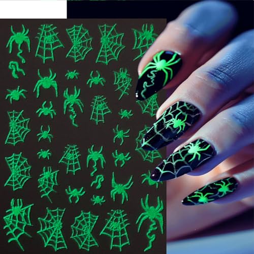 IDDFEVE Halloween Glow-in-the-Dark Nail Stickers, 3D Skeleton & Spider Web Decals - 4 Sheets