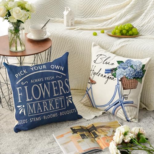 Hello Love Blue Hydrangea Throw Pillow Covers - Set of 4, 18x18