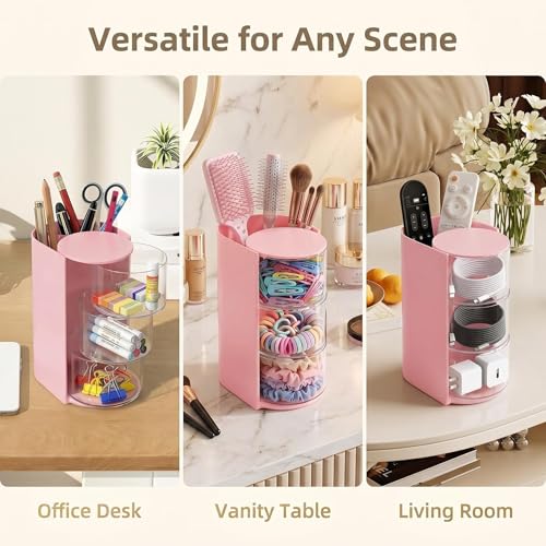 Hair Accessories Organizer with Rotating Brush Holder - 3-Tier Storage for Clips & Ties (Pink)