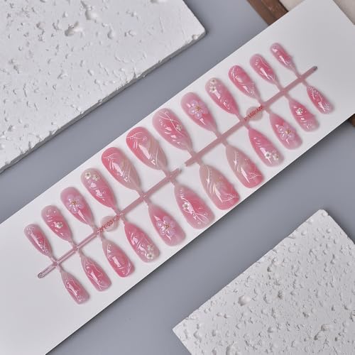 TEEKME Almond Press on Nails Pink Butterfly & Floral 3D Gold Details TK-031