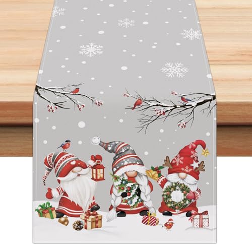 Grey Christmas Gnome Table Runner 13x90 Inch Winter Holiday Decor
