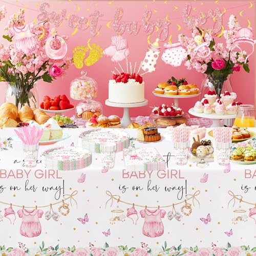 Pink Baby Shower Tablecloth Set - 3 Disposable Covers for Girls