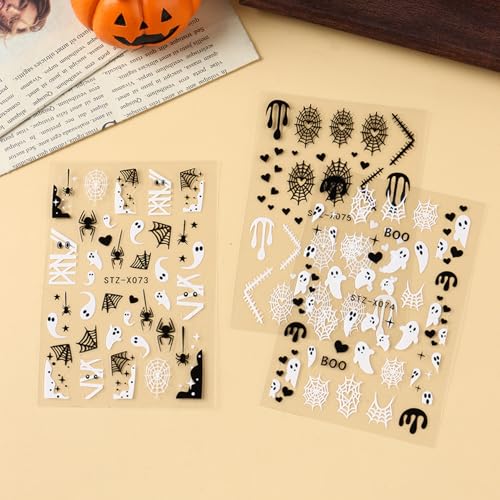 Halloween Nail Stickers 6 Sheets 3D Self-Adhesive Spider Web Decals