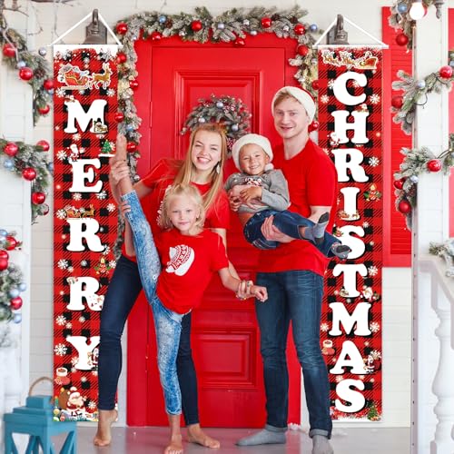 Outdoor Christmas Yard Sign Set with Buffalo Plaid Door Banner - Red