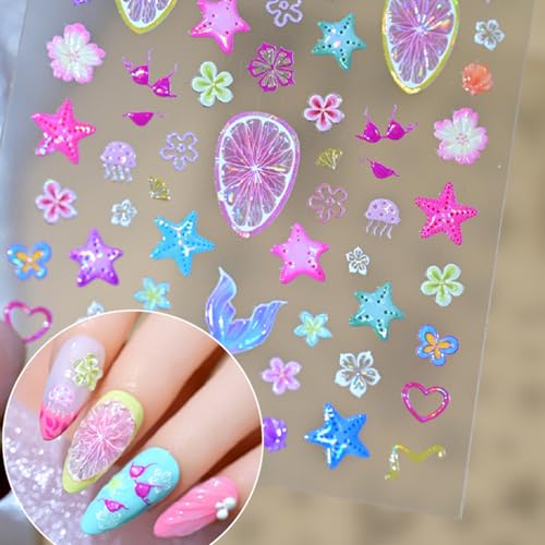 Quezadyl 5D Embossed Starfish & Flower Nail Stickers - 2 Sheets Summer Ocean Decals