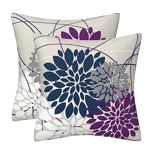 Navy Blue & Purple Dahlia Floral Throw Pillow Covers, 16 x 16 Inch, Set of 2