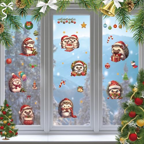 CRASPIRE Christmas Hedgehog Window Stickers Double-Sided Glass Decals