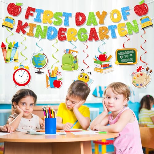 First Day of Kindergarten Decorations Set - 11PCS Glitter Banners & Swirls
