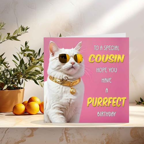 Funny Cat Cousin Birthday Card with Pink Envelope 145x145mm
