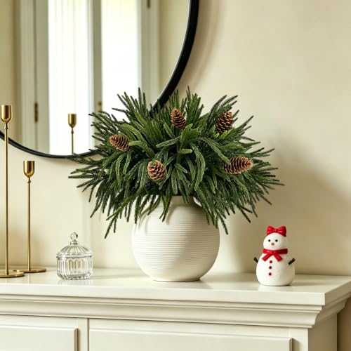 Artificial Norfolk Pine Branches with Pinecones - 16 Pcs, 18 Inch Greenery for Holiday Decor, DIY Garland, Vase Filler (Variation: 16Norfolk Pine+5Pinecone)