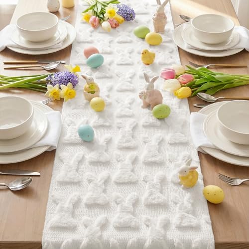 White Faux Fur Bunny Rabbit Easter Table Runner 13x36 Inch - Seasonal Home Decor