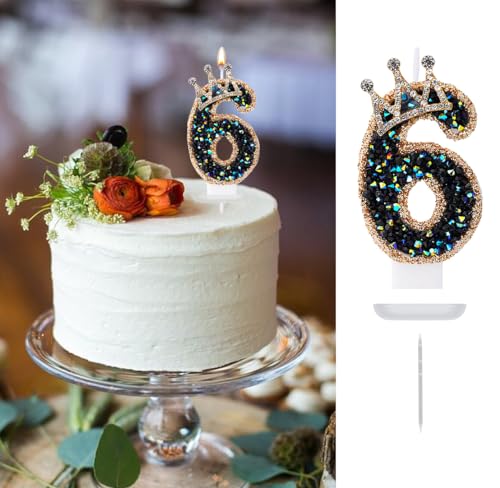 Number 6 Birthday Candle Black Diamond Crown Cake Topper for Party