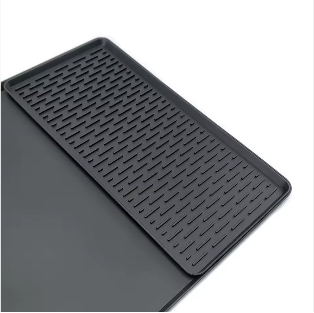 Silicone Coffee Mat 24x16 with Detachable Drying Tray - Waterproof, Dishwasher Safe, BPA Free, Non-Slip Heat Resistant Countertop Protector for Coffee Maker & Bar, Black