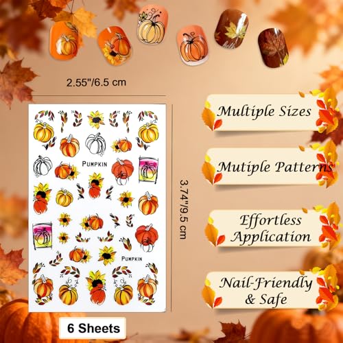 Allstarry Fall Nail Stickers 6 Sheets 3D Self-Adhesive Autumn Maple Leaves & Pumpkins