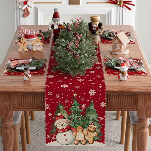Christmas Table Runner 13x72 Inch Red Snowman Gingerbread Man Holiday Decor